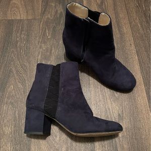 Blue navy stacked block heel ankle boot bootie color block